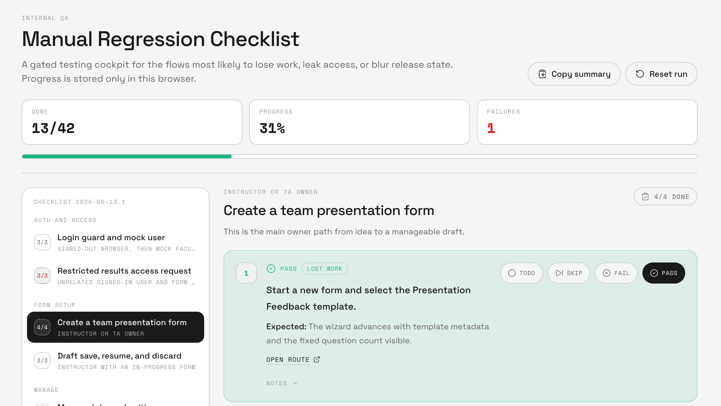 Screenshot of the internal Plause manual regression checklist showing progress metrics, scenario navigation, and a passed checklist item.
